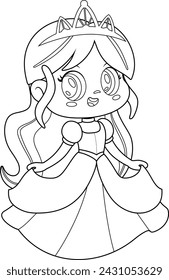 Outlined Cute Little Princess Girl Cartoon Character With Golden Crown. Vector Hand Drawn Illustration Isolated On Transparent Background