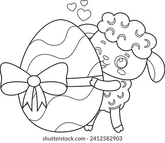 Outlined Cute Little Sheep Cartoon Character Showing An Easter Egg. Vector Hand Drawn Illustration Isolated On Transparent Background