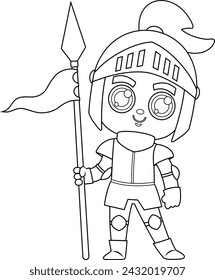 Outlined Cute Magic Prince Knight Boy Cartoon Character In Armor. Vector Hand Drawn Illustration Isolated On Transparent Background