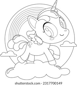 Outlined Cute Magical Baby Unicorn Cartoon Character Running Around Rainbow Over Cloud. Vector Hand Drawn Illustration Isolated On Transparent Background