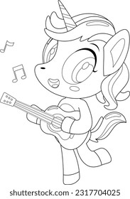 Outlined Cute Magical Baby Unicorn Cartoon Character Sings and Plays Guitar. Vector Hand Drawn Illustration Isolated On Transparent Background