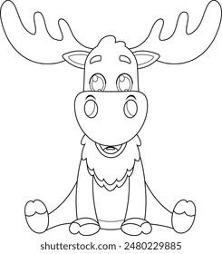 Outlined Cute Moose Animal Cartoon Character. Vector Hand Drawn Illustration Isolated On Transparent Background