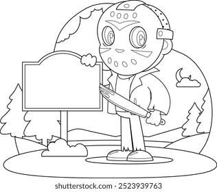 Personaje De Dibujos Animados Lindo Asesino Que Muestra Un Signo En Blanco Y Sostiene Un Machete Sangriento En La Noche De Halloween. Ilustración Dibujada A Mano De Vector Aislada Sobre Fondo Transparente