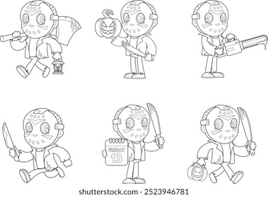 "Outline Cute Murderer Cartoon Character" . Conjunto De Coleção Desenhado À Mão Vetorial Isolado Sobre Fundo Transparente