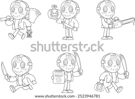 Outlined Cute Murderer Cartoon Character. Vector Hand Drawn Collection Set Isolated On Transparent Background
