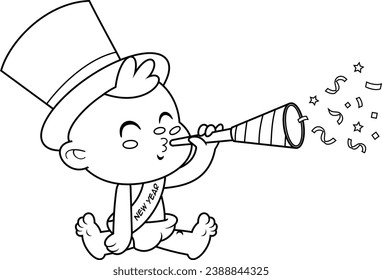 Outlined Cute New Year Baby Cartoon Character Blow In Foil Party Horn. Vector Hand Drawn Illustration Isolated On Transparent Background