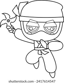 Outlined Cute Ninja Boy Warrior Cartoon Character Jumping With Shuriken. Vector Hand Drawn Illustration Isolated On Transparent Background