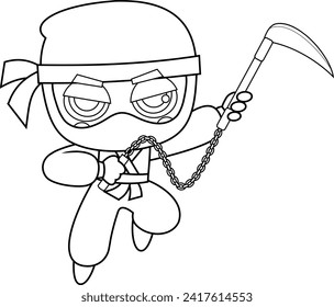 Dargestellt Cute Ninja Boy Warrior Cartoon Charakter mit Kusarigama in Aktion Kämpfen. handgezeichnete Vektorgrafik einzeln auf transparentem Hintergrund