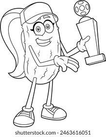 Outlined Cute Pickle Girl Cartoon Character Holding A Pickleball Cup Trophy. Vector Hand Drawn Illustration Isolated On Transparent Background