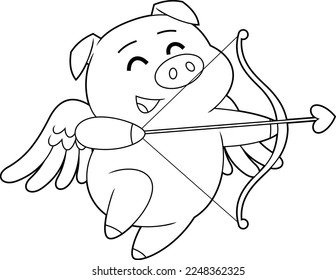 Outlined Cute Pig Cupid Cartoon Character With Bow And Arrow Flying. Vector Hand Drawn Illustration Isolated On Transparent Background