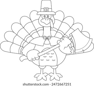 Outlined Cute Pilgrim Turkey Bird Cartoon Character Holding A Axe. Vector Hand Drawn Illustration Isolated On Transparent Background