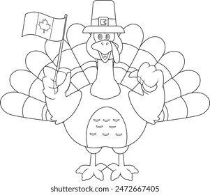 Outlined Cute Pilgrim Turkey Bird Cartoon Character Waving Canada Flag And Giving The Thumbs. Vector Hand Drawn Illustration Isolated On Transparent Background