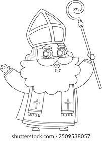 Outlined Cute Saint Nicholas or Sinterklaas Cartoon Character Waving For Greeting. Vector Hand Drawn Illustration Isolated On Transparent Background