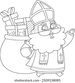 Outlined Cute Saint Nicholas or Sinterklaas Cartoon Character Carrying Sack Full Of Gifts. Vector Hand Drawn Illustration Isolated On Transparent Background