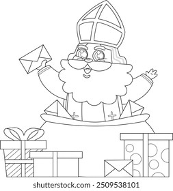 Outlined Cute Saint Nicholas or Sinterklaas Cartoon Character With A Letter In A Sack Full Of Gifts. Vector Hand Drawn Illustration Isolated On Transparent Background