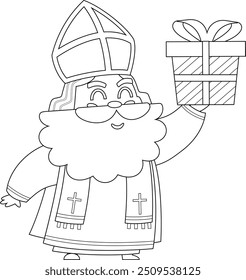 Outlined Cute Saint Nicholas or Sinterklaas Cartoon Character Holding Up A Gift Box. Vector Hand Drawn Illustration Isolated On Transparent Background