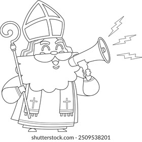 Outlined Cute Saint Nicholas or Sinterklaas Cartoon Character Speaking Through A Megaphone. Vector Hand Drawn Illustration Isolated On Transparent Background