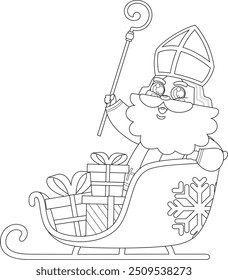 Outlined Cute Saint Nicholas or Sinterklaas Cartoon Character Sleigh Filled With Christmas Toys And Presents. Vector Hand Drawn Illustration Isolated On Transparent Background