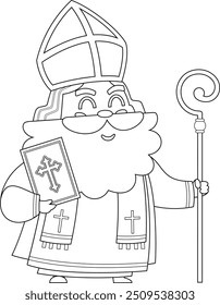 Outlined Cute Saint Nicholas or Sinterklaas Cartoon Character With Bible And Scepter. Vector Hand Drawn Illustration Isolated On Transparent Background