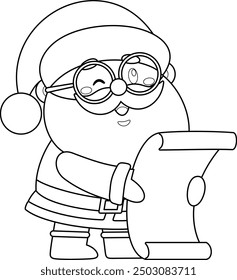 Outlined Cute Santa Claus Cartoon Character Reading A Paper Scroll. Vector Hand Drawn Illustration Isolated On Transparent Background