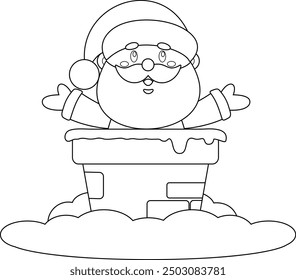 Outlined Cute Santa Claus Cartoon Character In The Chimney. Vector Hand Drawn Illustration Isolated On Transparent Background