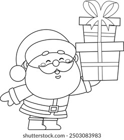 Outlined Cute Santa Claus Cartoon Character Holding Up Gift Boxes. Vector Hand Drawn Illustration Isolated On Transparent Background