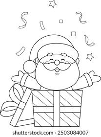 Outlined Cute Santa Claus Cartoon Character Exit From Gift Box. Vector Hand Drawn Illustration Isolated On Transparent Background