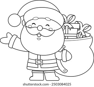 Outlined Cute Santa Claus Cartoon Character Carrying A Sack And Waving For Greeting. Vector Hand Drawn Illustration Isolated On Transparent Background