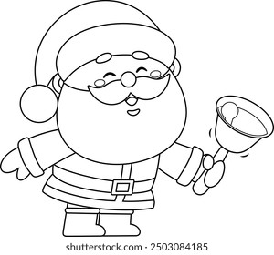 Outlined Cute Santa Claus Cartoon Character Ringing A Bell. Vector Hand Drawn Illustration Isolated On Transparent Background