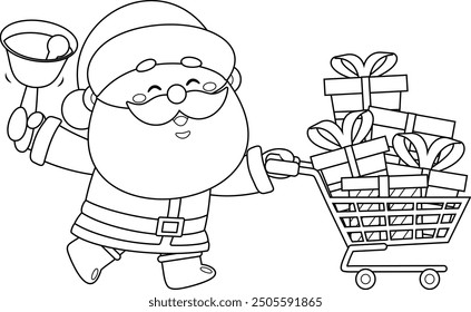 Outlined Cute Santa Claus Cartoon Character Pushing Shopping Cart Full Of Gifts And Ringing A Bell. Vector Hand Drawn Illustration Isolated On Transparent Background