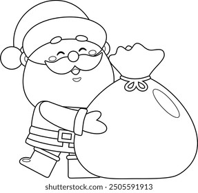 Personaje Lindo De Dibujos Animados De Santa Claus Con Un Saco Lleno De Regalos. Ilustración Dibujada A Mano De Vector Aislada Sobre Fondo Transparente