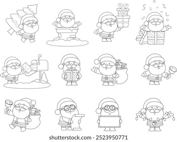Outlined Cute Santa Claus Cartoon Character. Vector Hand Drawn Collection Set Isolated On Transparent Background