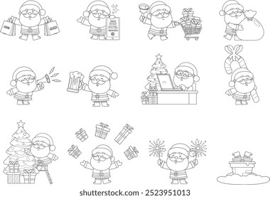 Outlined Cute Santa Claus Cartoon Character. Vector Hand Drawn Collection Set Isolated On Transparent Background