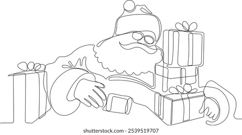 Personaje Lindo De Dibujos Animados De Santa Claus Con Un Saco Lleno De Regalos. Vector dibujado a mano ilustración. Una línea continua dibujando a Santa Claus en renos y trineo. concepto para Navidades y año Nuevo