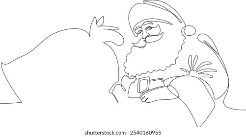 Personaje Lindo De Dibujos Animados De Santa Claus Con Un Saco Lleno De Regalos. Vector dibujado a mano ilustración. Una línea continua dibujando a Santa Claus en renos y trineo. concepto para Navidades y año Nuevo