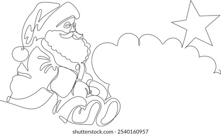 Personaje Lindo De Dibujos Animados De Santa Claus Con Un Saco Lleno De Regalos. Vector dibujado a mano ilustración. Una línea continua dibujando a Santa Claus en renos y trineo. concepto para Navidades y año Nuevo