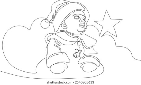 Personaje Lindo De Dibujos Animados De Santa Claus Con Un Saco Lleno De Regalos. Vector dibujado a mano ilustración. Una línea continua dibujando a Santa Claus en renos y trineo. concepto para Navidades y año Nuevo