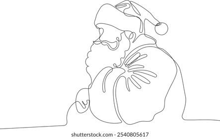 Personaje Lindo De Dibujos Animados De Santa Claus Con Un Saco Lleno De Regalos. Vector dibujado a mano ilustración. Una línea continua dibujando a Santa Claus en renos y trineo. concepto para Navidades y año Nuevo