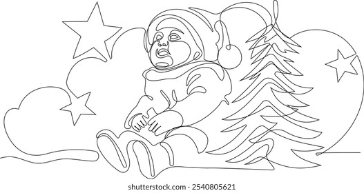 Personaje Lindo De Dibujos Animados De Santa Claus Con Un Saco Lleno De Regalos. Vector dibujado a mano ilustración. Una línea continua dibujando a Santa Claus en renos y trineo. concepto para Navidades y año Nuevo