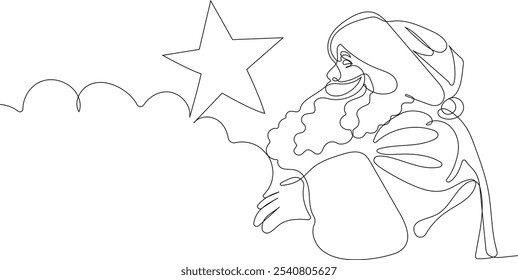 Personaje Lindo De Dibujos Animados De Santa Claus Con Un Saco Lleno De Regalos. Vector dibujado a mano ilustración. Una línea continua dibujando a Santa Claus en renos y trineo. concepto para Navidades y año Nuevo