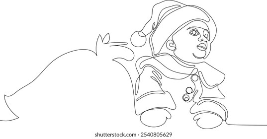 Personaje Lindo De Dibujos Animados De Santa Claus Con Un Saco Lleno De Regalos. Vector dibujado a mano ilustración. Una línea continua dibujando a Santa Claus en renos y trineo. concepto para Navidades y año Nuevo