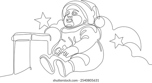 Personaje Lindo De Dibujos Animados De Santa Claus Con Un Saco Lleno De Regalos. Vector dibujado a mano ilustración. Una línea continua dibujando a Santa Claus en renos y trineo. concepto para Navidades y año Nuevo