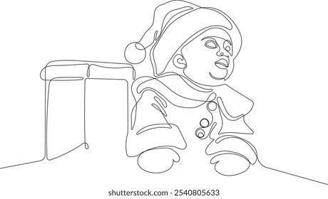 Personaje Lindo De Dibujos Animados De Santa Claus Con Un Saco Lleno De Regalos. Vector dibujado a mano ilustración. Una línea continua dibujando a Santa Claus en renos y trineo. concepto para Navidades y año Nuevo