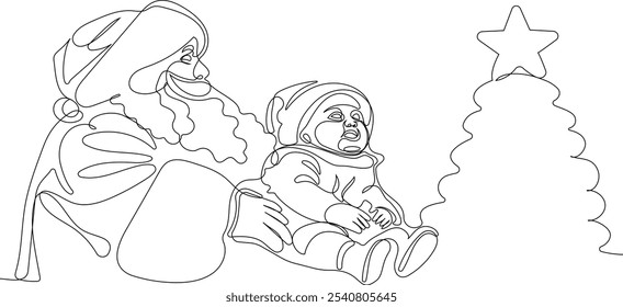 Personaje Lindo De Dibujos Animados De Santa Claus Con Un Saco Lleno De Regalos. Vector dibujado a mano ilustración. Una línea continua dibujando a Santa Claus en renos y trineo. concepto para Navidades y año Nuevo