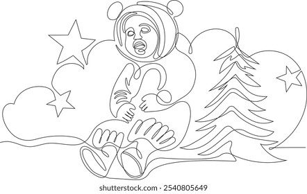 Personaje Lindo De Dibujos Animados De Santa Claus Con Un Saco Lleno De Regalos. Vector dibujado a mano ilustración. Una línea continua dibujando a Santa Claus en renos y trineo. concepto para Navidades y año Nuevo