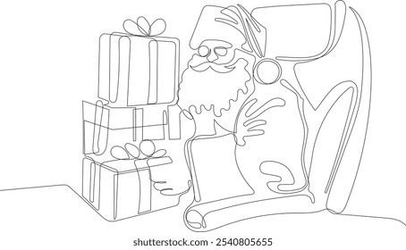 Personaje Lindo De Dibujos Animados De Santa Claus Con Un Saco Lleno De Regalos. Vector dibujado a mano ilustración. Una línea continua dibujando a Santa Claus en renos y trineo. concepto para Navidades y año Nuevo