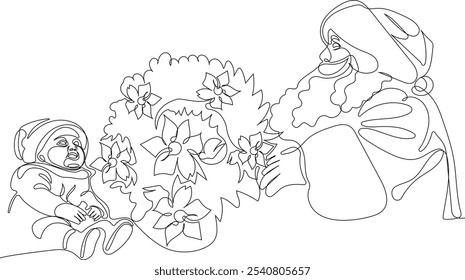 Personaje Lindo De Dibujos Animados De Santa Claus Con Un Saco Lleno De Regalos. Vector dibujado a mano ilustración. Una línea continua dibujando a Santa Claus en renos y trineo. concepto para Navidades y año Nuevo