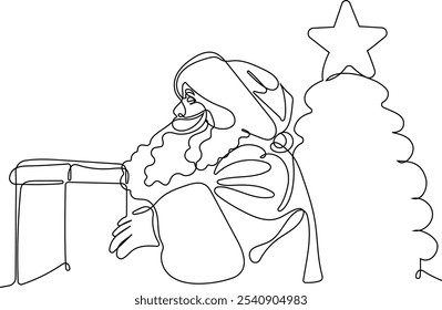 Personaje Lindo De Dibujos Animados De Santa Claus Con Un Saco Lleno De Regalos. Vector dibujado a mano ilustración. Una línea continua dibujando a Santa Claus en renos y trineo. concepto para Navidades y año Nuevo