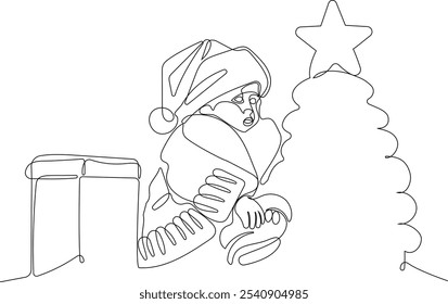 Personaje Lindo De Dibujos Animados De Santa Claus Con Un Saco Lleno De Regalos. Vector dibujado a mano ilustración. Una línea continua dibujando a Santa Claus en renos y trineo. concepto para Navidades y año Nuevo