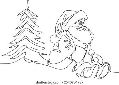 Personaje Lindo De Dibujos Animados De Santa Claus Con Un Saco Lleno De Regalos. Vector dibujado a mano ilustración. Una línea continua dibujando a Santa Claus en renos y trineo. concepto para Navidades y año Nuevo